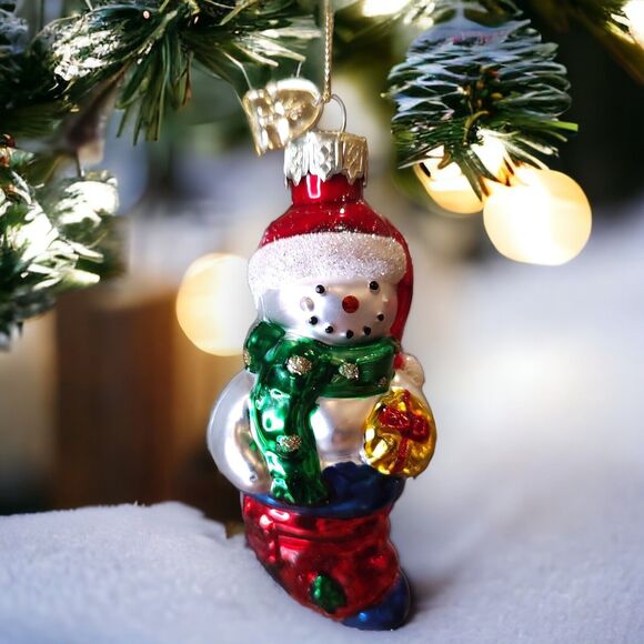 Santa Snowman Christmas Stocking Hand Blown Glass Ornament Thomas Pacconi 2002 - Picture 2 of 10